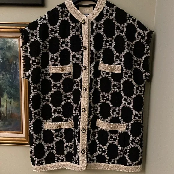 Gucci GG Logo Sweater Vest Coat Jacket Oversize  
Tweed Vest Black white - Picture 6 of 10